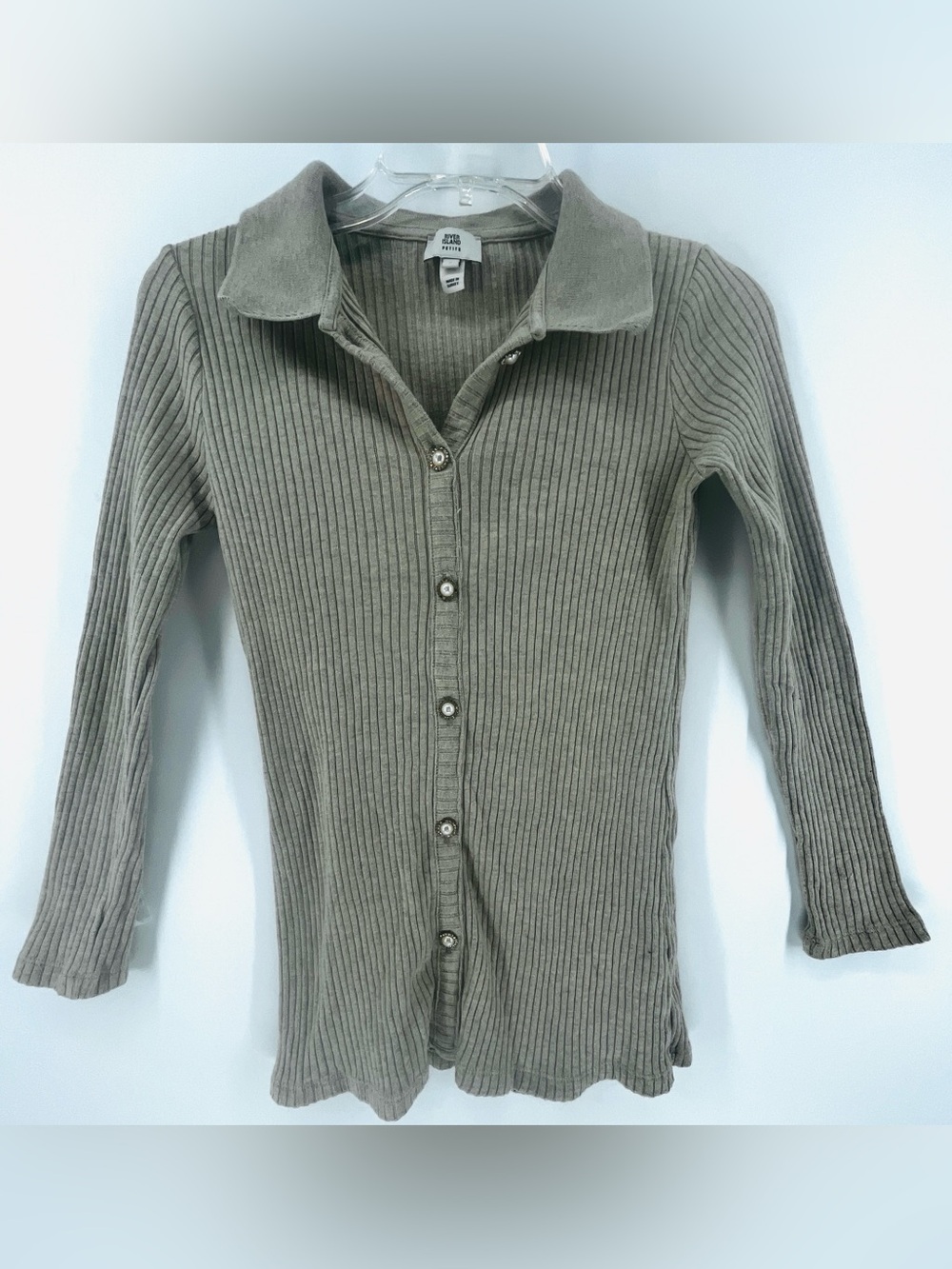 River Island Petite Ribbed Pearl Button Polo Top Tan US 2